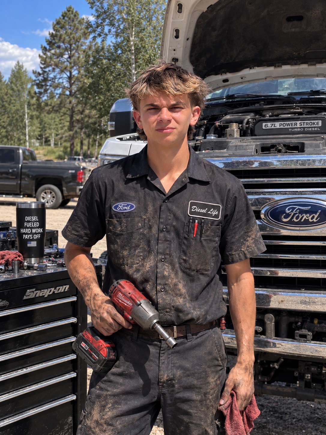Diesel mechanic working with tools